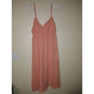 Coral Pink Smocked Midi Dress Spaghetti Strap Square Neck Size S